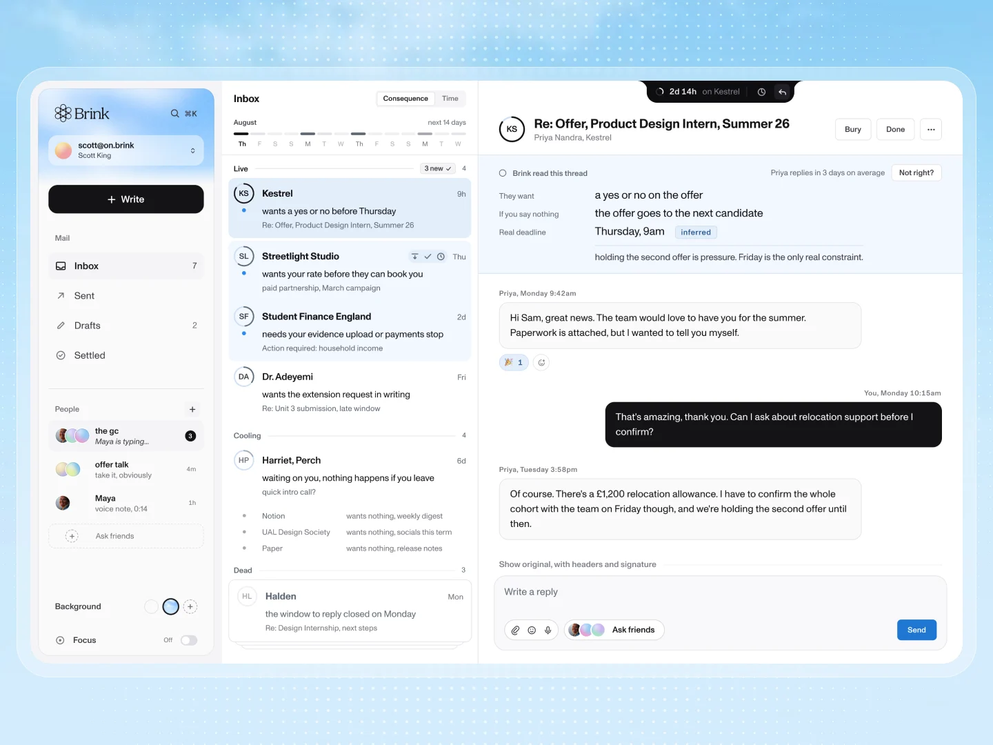 The mail client, all three panes