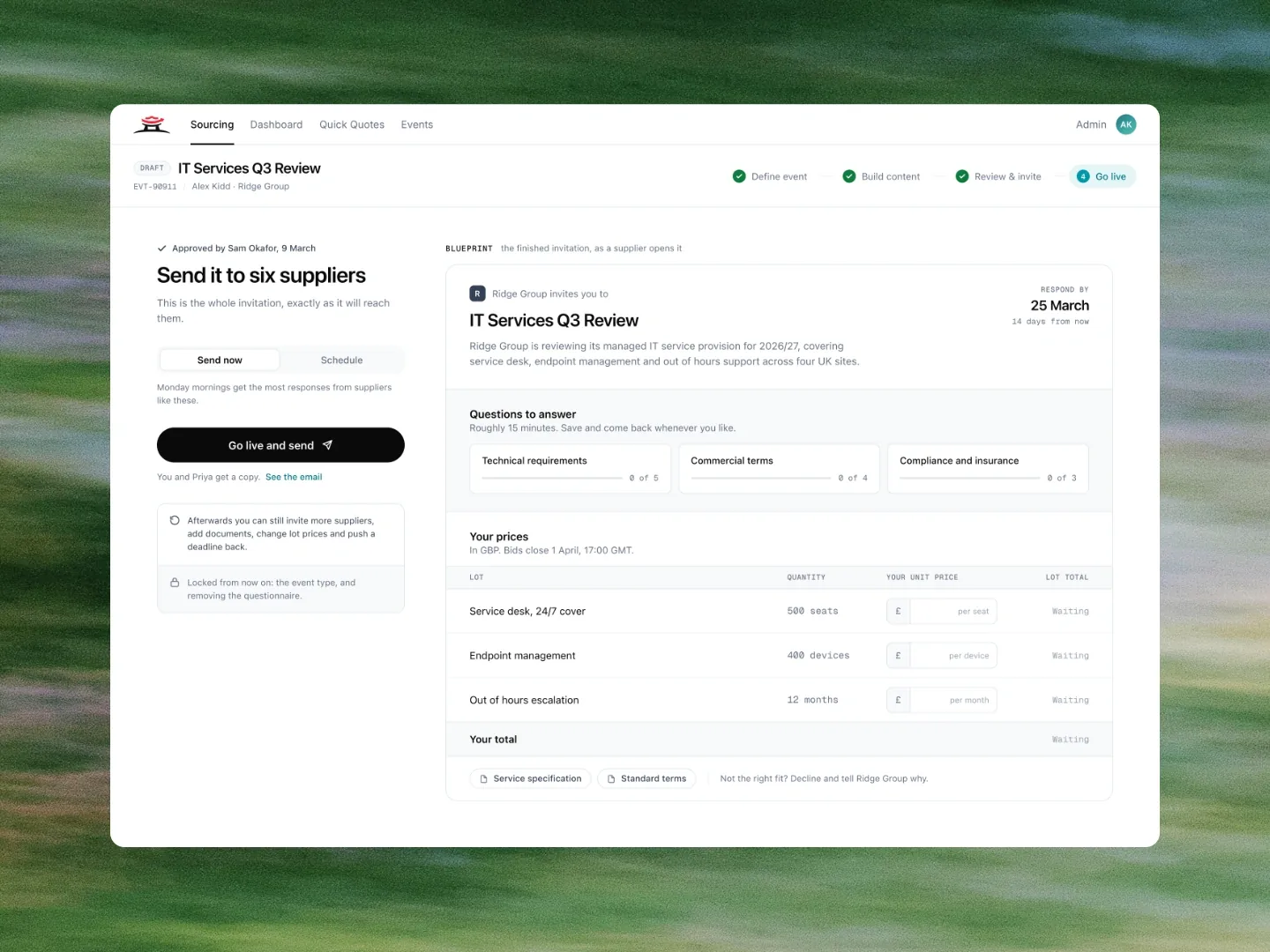 Go live and the supplier invitation